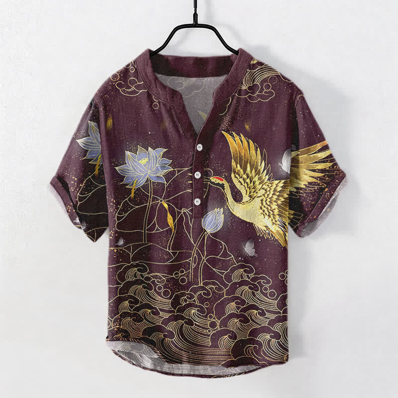 Buddha Stones Camisa de manga corta con medio botón para hombre, de algodón, con estampado de grullas, olas y nubes de loto. - Magenta oscuro - US/UK/AU50, EU60 (5XL) - image 7