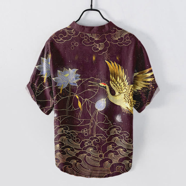 Buddha Stones Camisa de manga corta con medio botón para hombre, de algodón, con estampado de grullas, olas y nubes de loto. - image 8