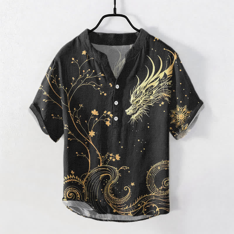 Buddha Stones Camisa de manga corta con medio botón para hombre con estampado de flores y dragones de Cotton Wave - Negro - US/UK/AU50, EU60 (5XL) - image 0