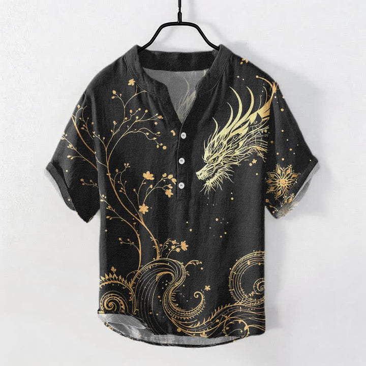 Buddha Stones Camisa de manga corta con medio botón para hombre con estampado de flores y dragones de Cotton Wave - Negro - US/UK/AU50, EU60 (5XL) - image 0