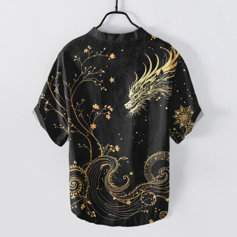 Buddha Stones Camisa de manga corta con medio botón para hombre con estampado de flores y dragones de Cotton Wave - image 1