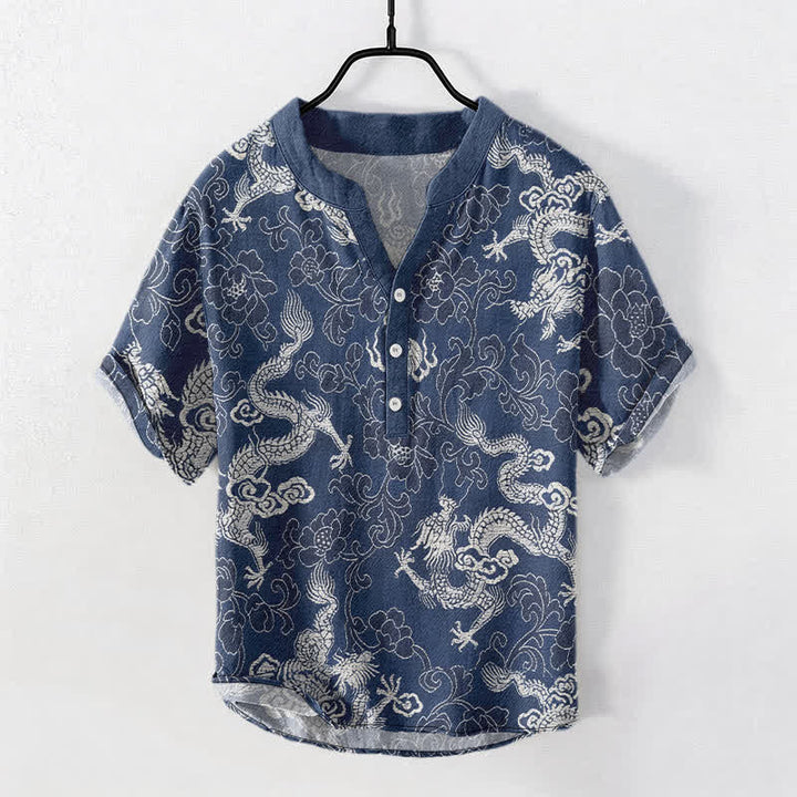 Buddha Stones Camisa de manga corta con medio botón y estampado de loto y dragón de algodón para hombre - image 0