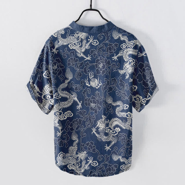 Buddha Stones Camisa de manga corta con medio botón y estampado de loto y dragón de algodón para hombre - image 1