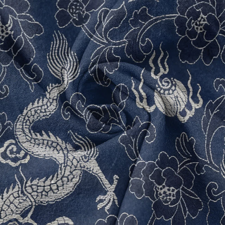 Buddha Stones Camisa de manga corta con medio botón y estampado de loto y dragón de algodón para hombre - image 4