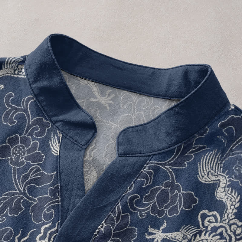 Buddha Stones Camisa de manga corta con medio botón y estampado de loto y dragón de algodón para hombre - image 2