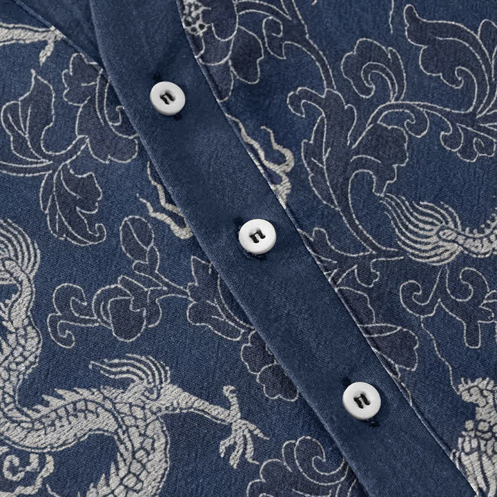 Buddha Stones Camisa de manga corta con medio botón y estampado de loto y dragón de algodón para hombre - image 3