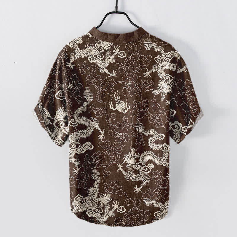 Buddha Stones Camisa de manga corta con medio botón y estampado de loto y dragón de algodón para hombre - image 6
