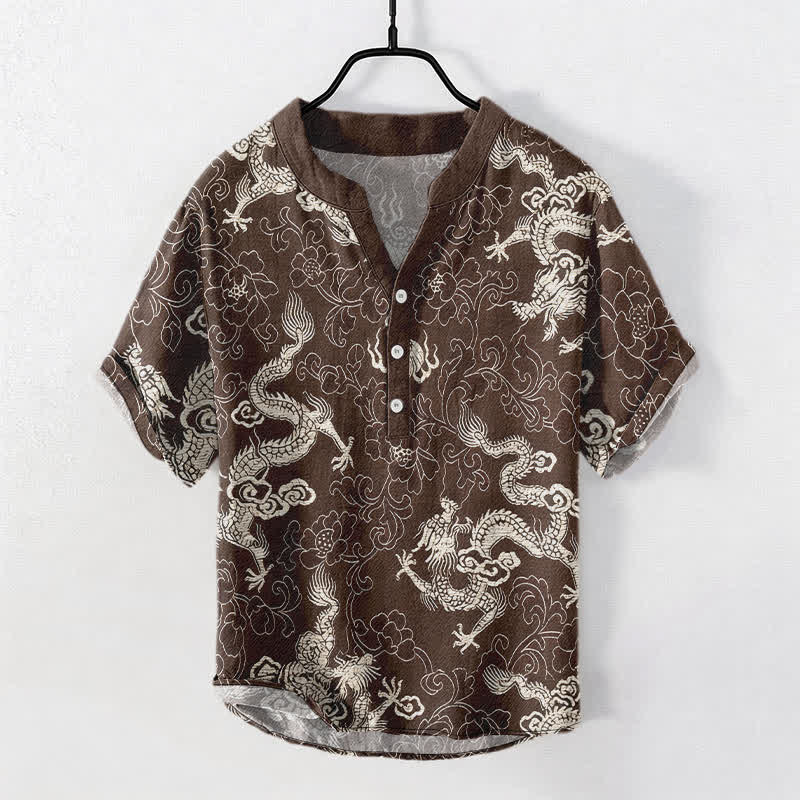 Buddha Stones Camisa de manga corta con medio botón y estampado de loto y dragón de algodón para hombre - Marrón silla de montar - US/UK/AU50, EU60 (5XL) - image 5