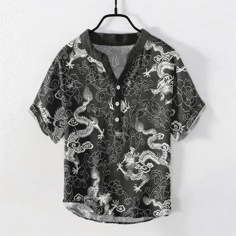 Buddha Stones Camisa de manga corta con medio botón y estampado de loto y dragón de algodón para hombre - Negro - US/UK/AU50, EU60 (5XL) - image 7