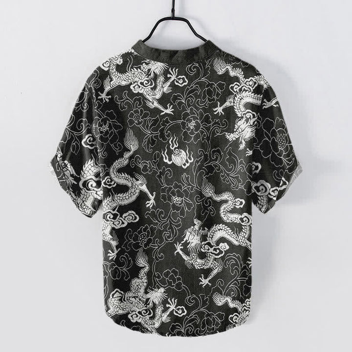 Buddha Stones Camisa de manga corta con medio botón y estampado de loto y dragón de algodón para hombre - image 8