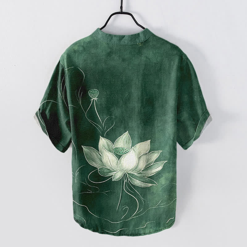 Buddha Stones Camisa de manga corta con medio botón y estampado de loto de algodón para hombre - image 1