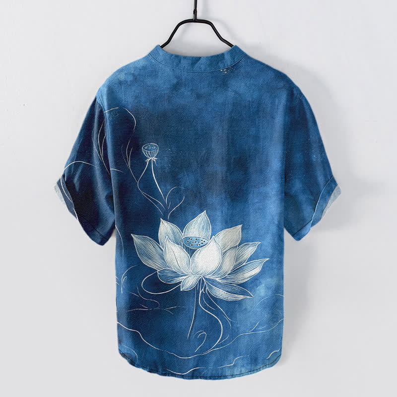 Buddha Stones Camisa de manga corta con medio botón y estampado de loto de algodón para hombre - image 8