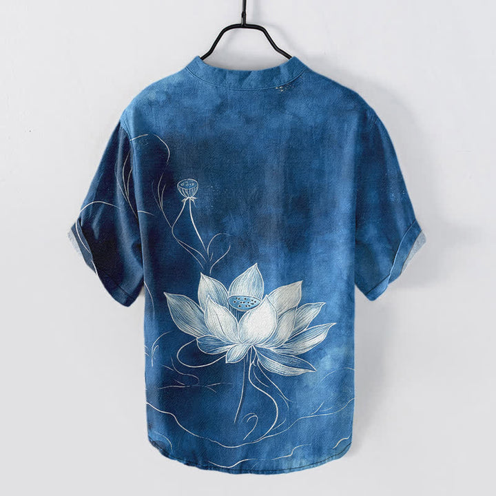 Buddha Stones Camisa de manga corta con medio botón y estampado de loto de algodón para hombre - image 8