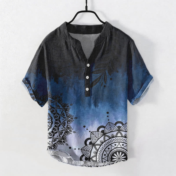 Buddha Stones Camisa de manga corta con medio botón y estampado de mandala de algodón para hombre - image 0