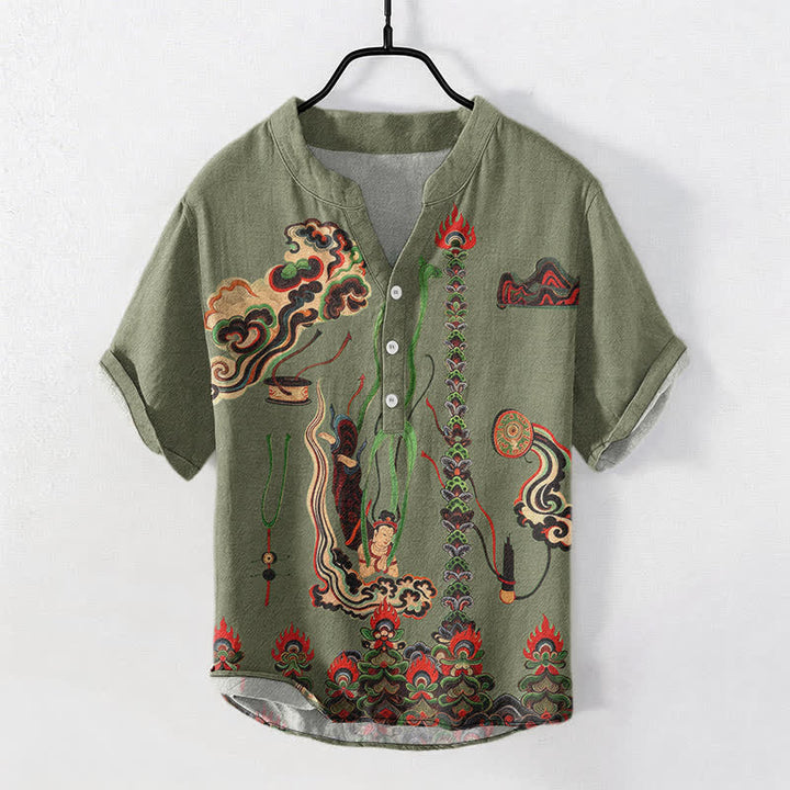 Buddha Stones Camisa de manga corta con medio botón para hombre, de algodón, con estampado de nubes y mural. - image 0