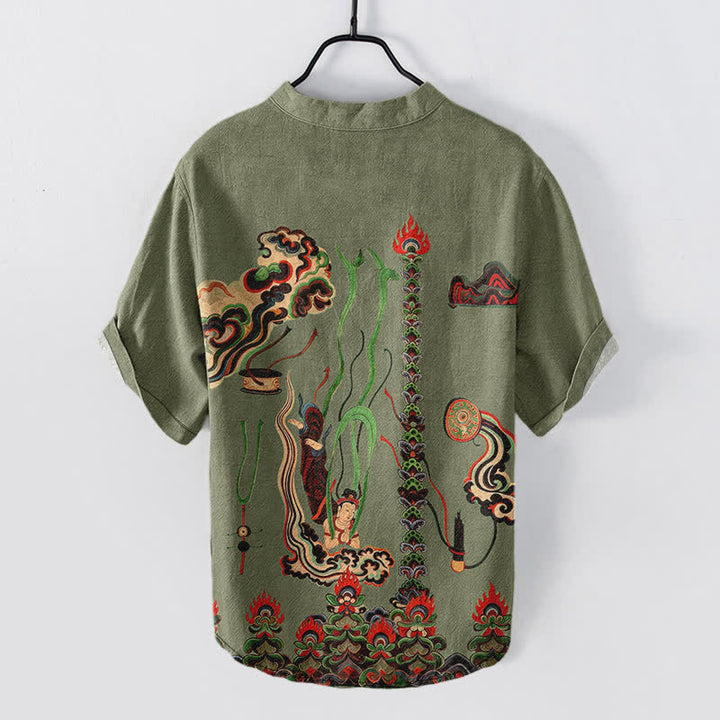 Buddha Stones Camisa de manga corta con medio botón para hombre, de algodón, con estampado de nubes y mural. - image 1