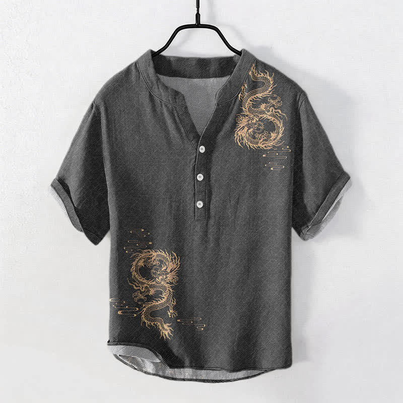 Buddha Stones Camisa de manga corta con medio botón para hombre Cotton Dragon - image 0