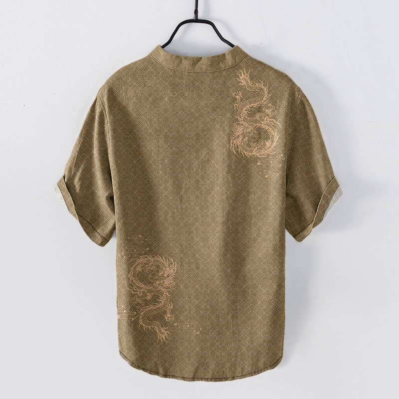 Buddha Stones Camisa de manga corta con medio botón para hombre Cotton Dragon - image 6