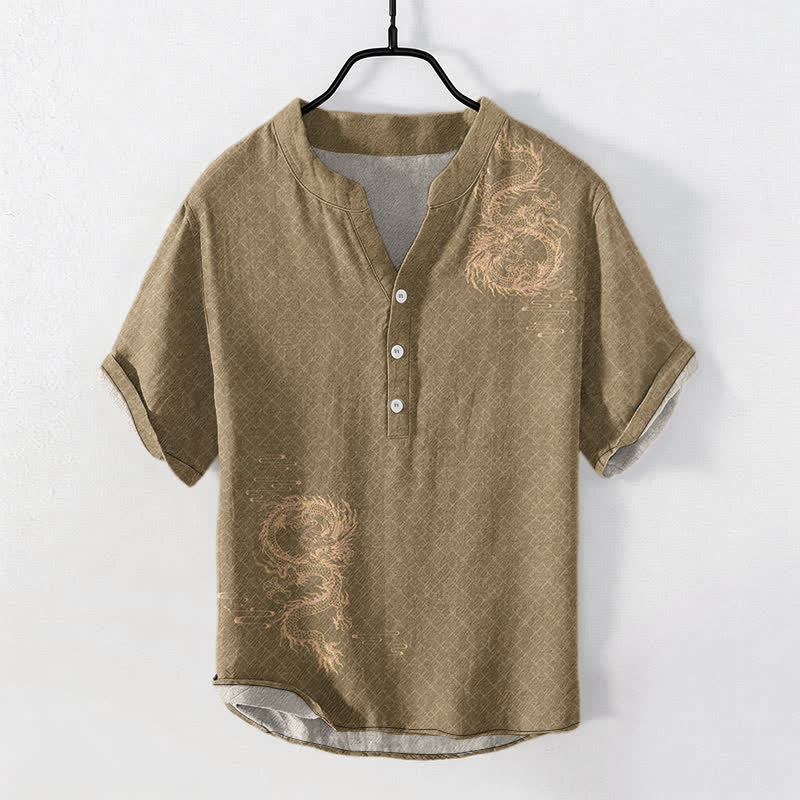 Buddha Stones Camisa de manga corta con medio botón para hombre Cotton Dragon - image 5