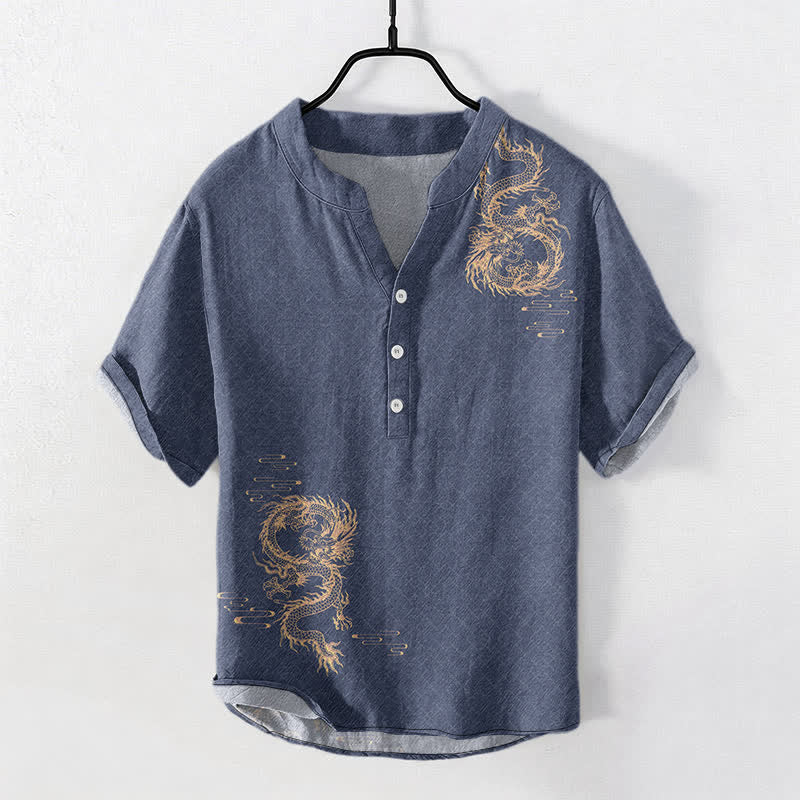 Buddha Stones Camisa de manga corta con medio botón para hombre Cotton Dragon - image 7