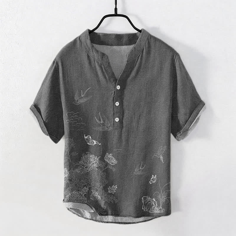 Buddha Stones Camisa de manga corta para hombre con estampado de mariposa loto golondrina. - image 0