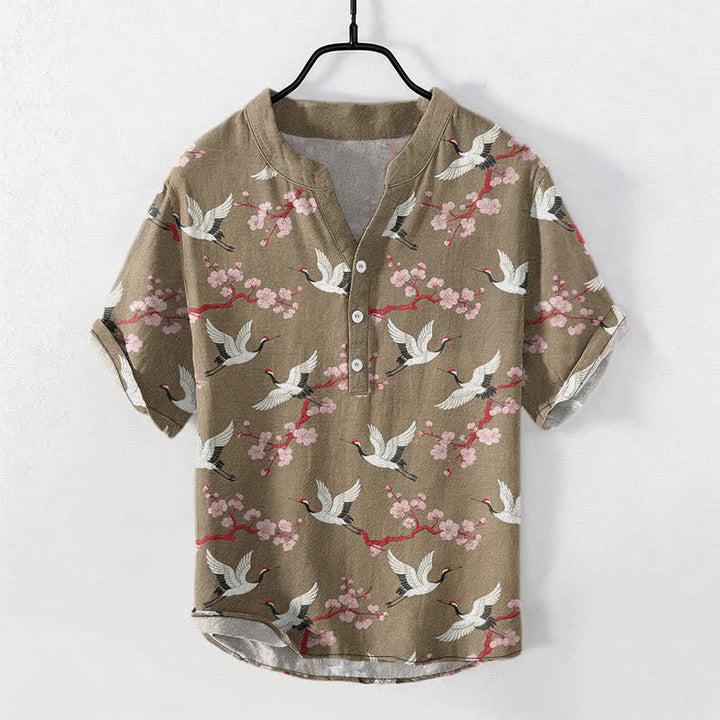 Buddha Stones Camisa Henley de manga corta para hombre con estampado de flores de ciruelo de Crane - Broncearse - US/UK/AU50, EU60 (5XL) - image 5