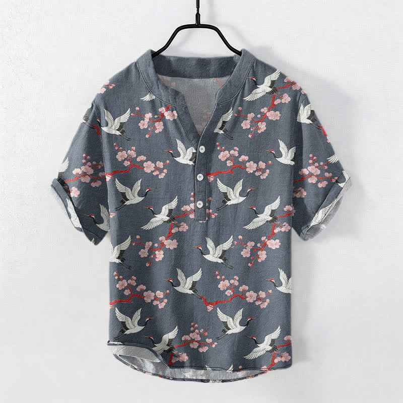Buddha Stones Camisa Henley de manga corta para hombre con estampado de flores de ciruelo de Crane - Gris pizarra - US/UK/AU50, EU60 (5XL) - image 7