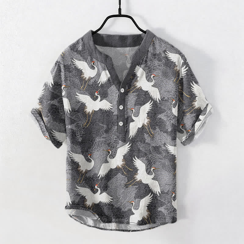 Buddha Stones Camisa de manga corta para hombre Crane, estilo casual de resort - image 0
