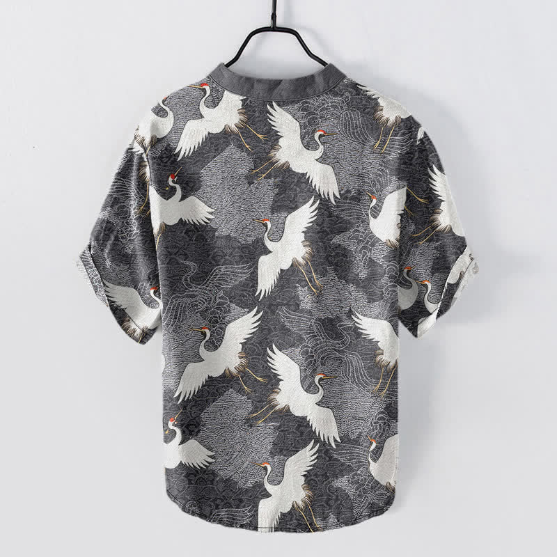 Buddha Stones Camisa de manga corta para hombre Crane, estilo casual de resort - image 1