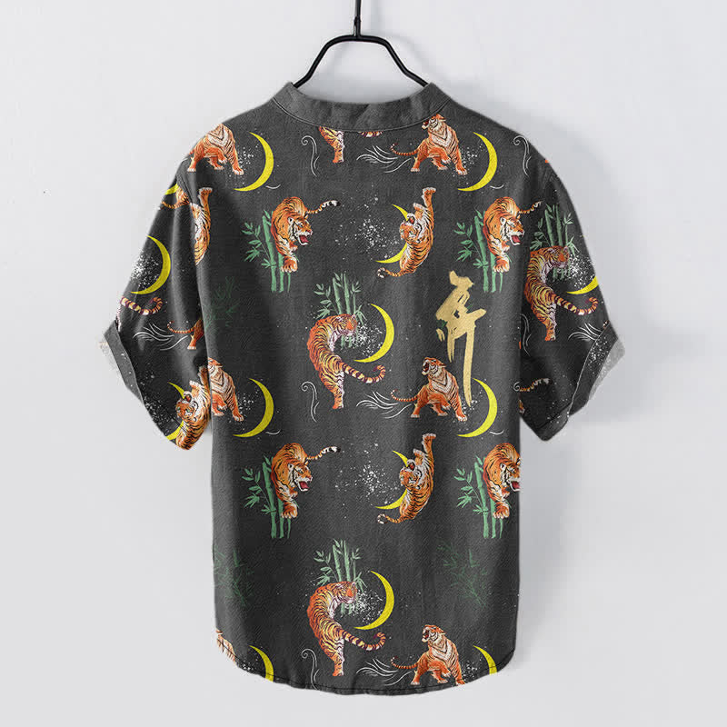 Buddha Stones Camisa de manga corta para hombre Tiger Moon Bamboo, estilo resort. - image 1