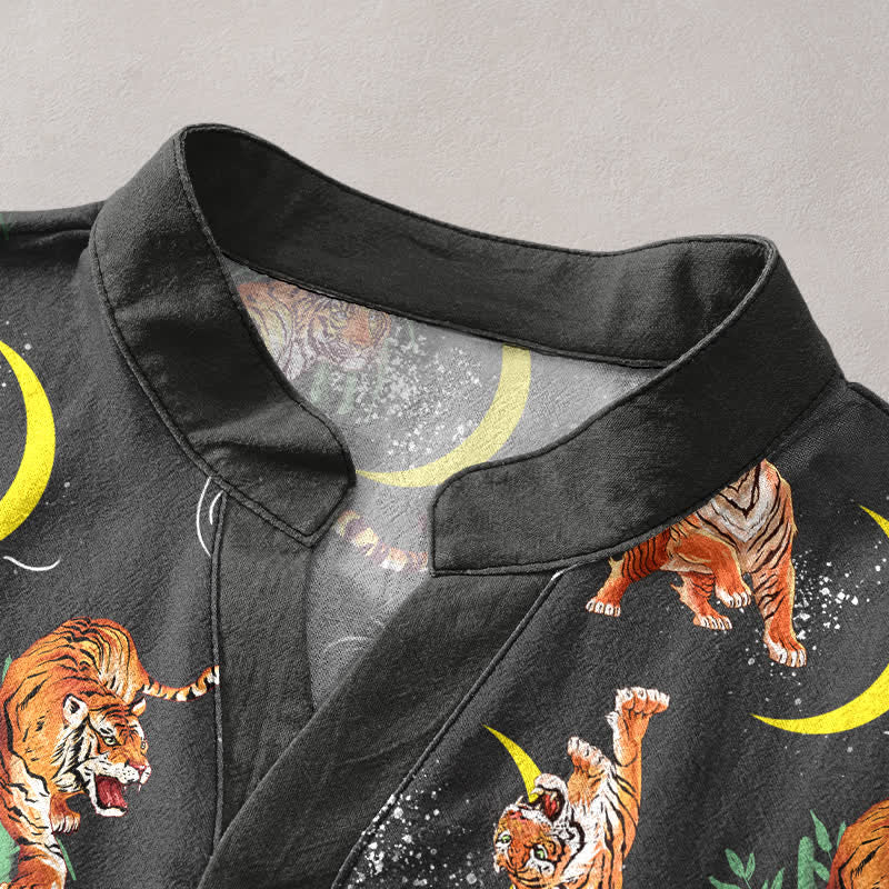 Buddha Stones Camisa de manga corta para hombre Tiger Moon Bamboo, estilo resort. - image 2