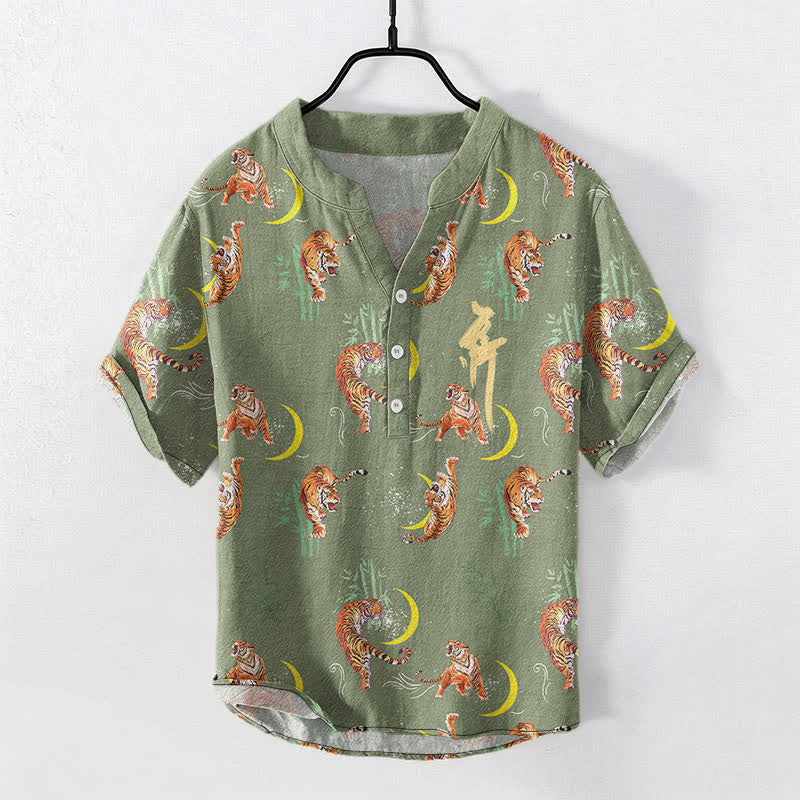 Buddha Stones Camisa de manga corta para hombre Tiger Moon Bamboo, estilo resort. - image 5