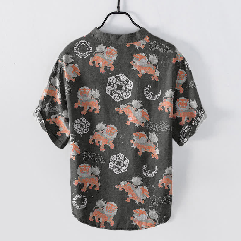 Buddha Stones Camisa de manga corta para hombre Cotton Lion Waves Cloud, ligera, de corte holgado, estilo resort. - image 1