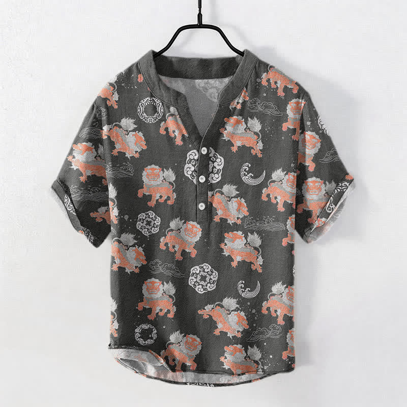 Buddha Stones Camisa de manga corta para hombre Cotton Lion Waves Cloud, ligera, de corte holgado, estilo resort. - image 0