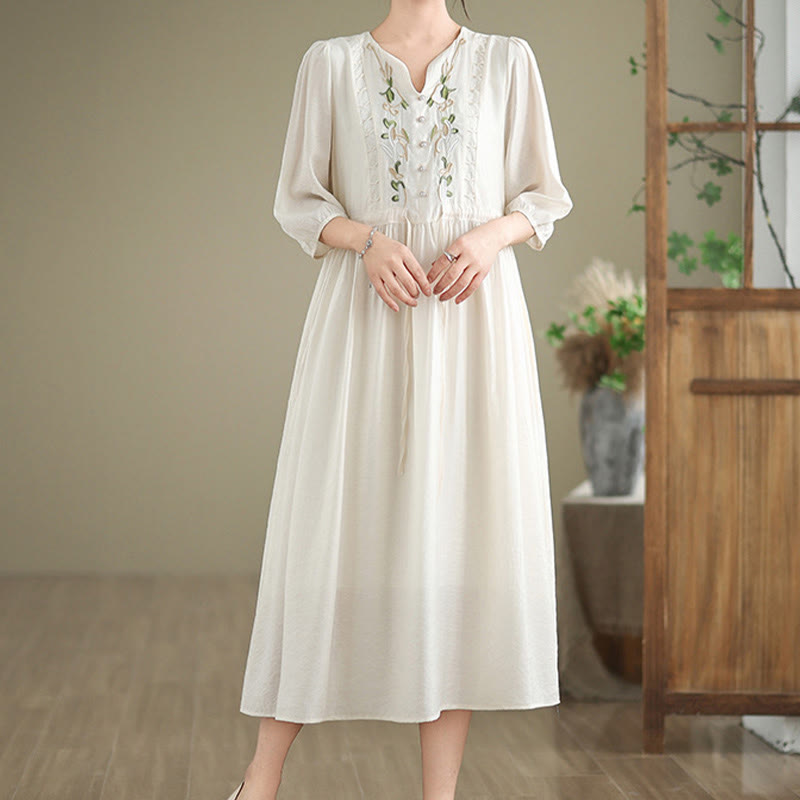 Buddha Stones Vestido de mujer de primavera con bordado floral, cuello en V, cinturón, mangas hasta el codo y bolsillos. - image 12