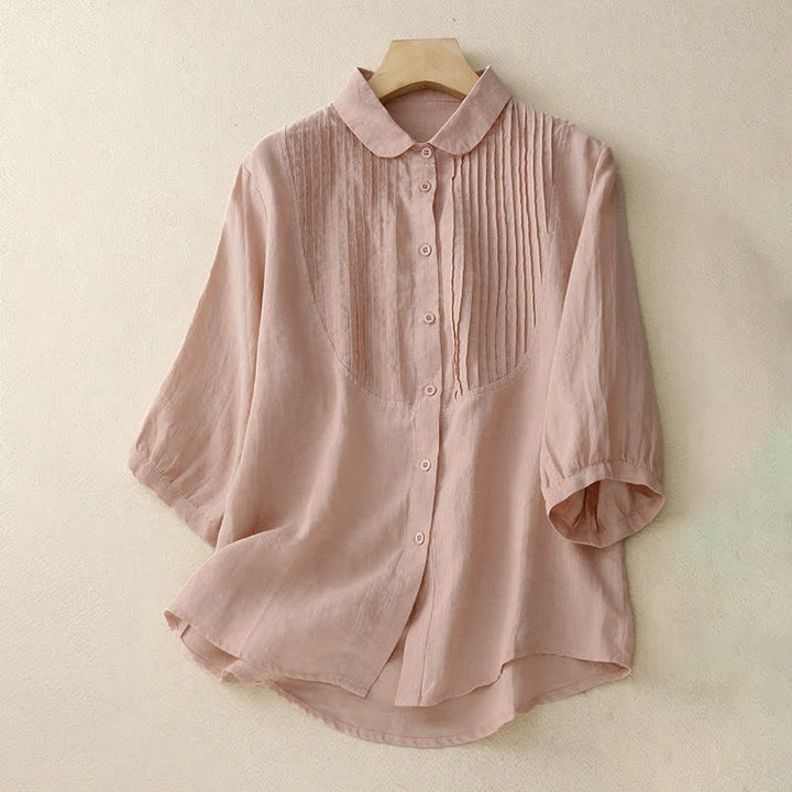 Buddha Stones Camisa de mujer de manga corta con cuello Peter Pan, pliegues y diseño de primavera. - rosa claro - US8-10，UK/AU12-14，EU40-42 (2XL) - image 3