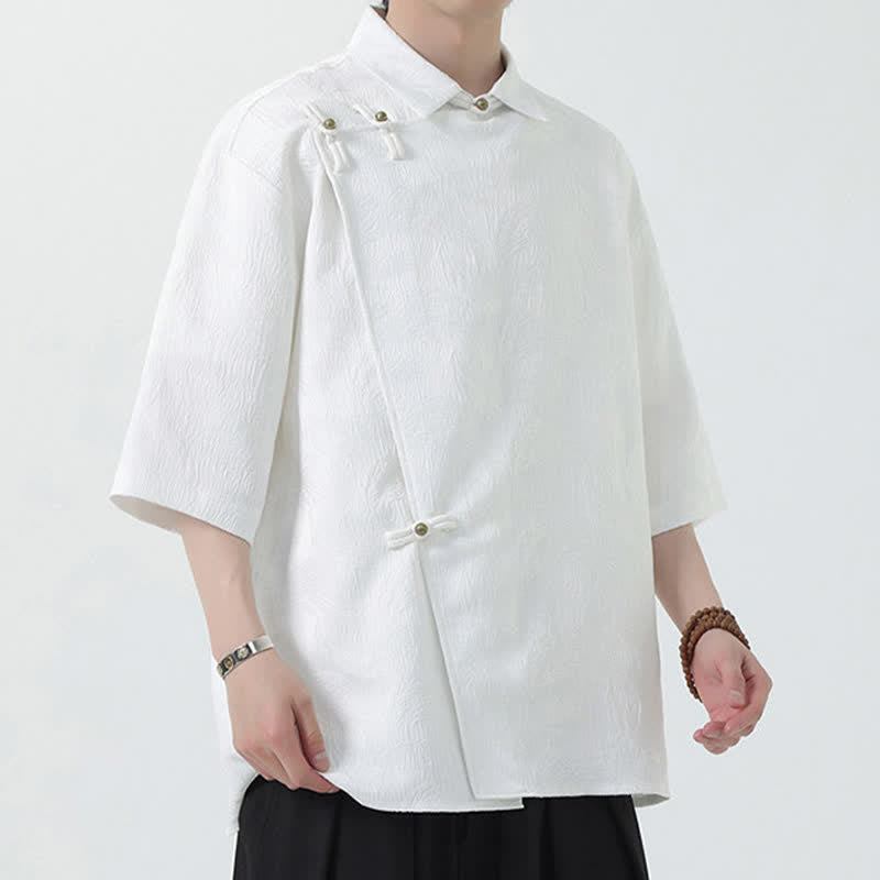 Buddha Stones Camisa de manga tres cuartos para hombre con cuello mandarín y textura jacquard. - image 10