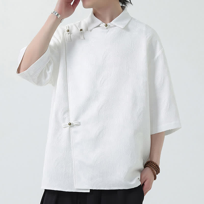 Buddha Stones Camisa de manga tres cuartos para hombre con cuello mandarín y textura jacquard. - image 13