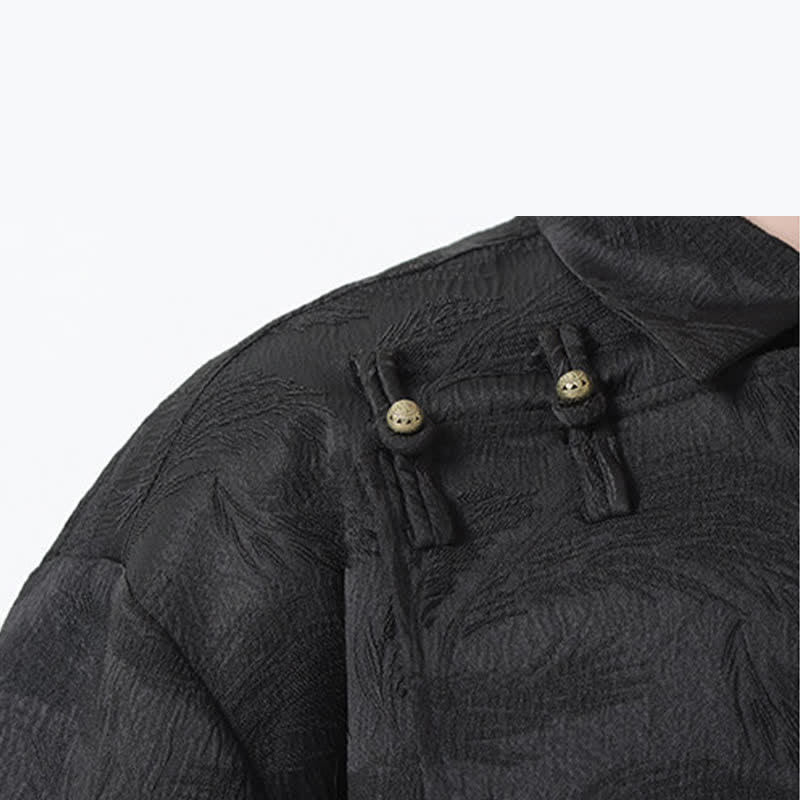 Buddha Stones Camisa de manga tres cuartos para hombre con cuello mandarín y textura jacquard. - image 6