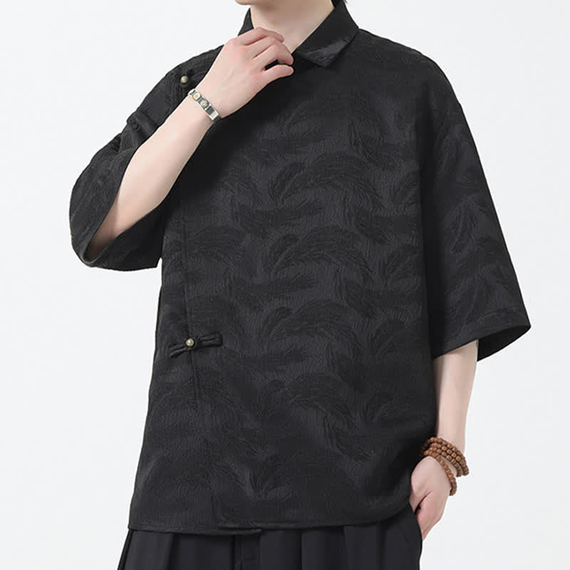 Buddha Stones Camisa de manga tres cuartos para hombre con cuello mandarín y textura jacquard. - image 5