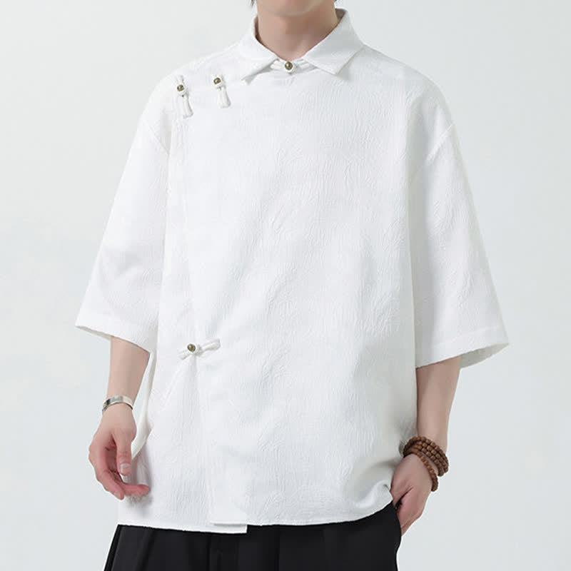 Buddha Stones Camisa de manga tres cuartos para hombre con cuello mandarín y textura jacquard. - image 8