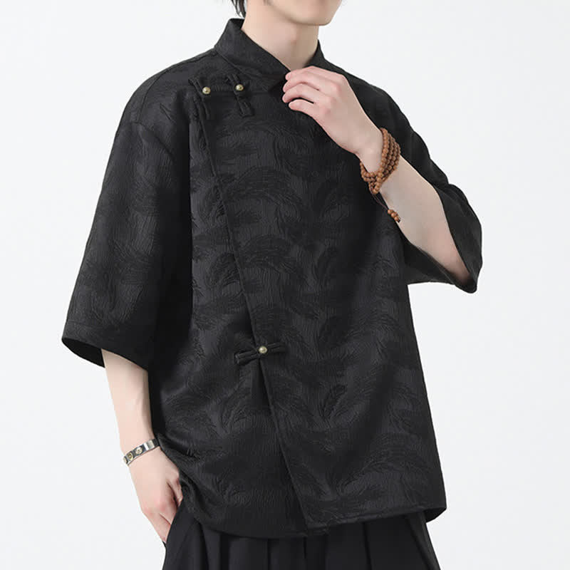 Buddha Stones Camisa de manga tres cuartos para hombre con cuello mandarín y textura jacquard. - image 2