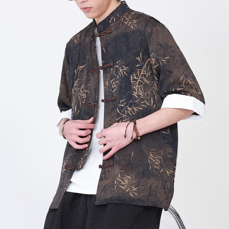 Buddha Stones Camisa de manga tres cuartos para hombre con estampado de bambú veraniego, cuello mandarín y botones de rana. - image 3