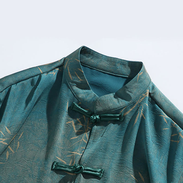 Buddha Stones Camisa de manga tres cuartos para hombre con estampado de bambú veraniego, cuello mandarín y botones de rana. - image 12