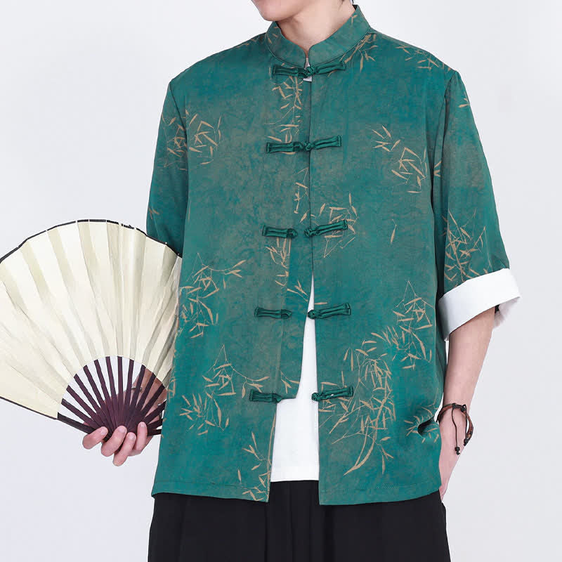 Buddha Stones Camisa de manga tres cuartos para hombre con estampado de bambú veraniego, cuello mandarín y botones de rana. - Azul cadete - US/UK/AU46, EU56 (5XL) - image 7