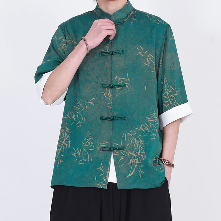 Buddha Stones Camisa de manga tres cuartos para hombre con estampado de bambú veraniego, cuello mandarín y botones de rana. - image 9