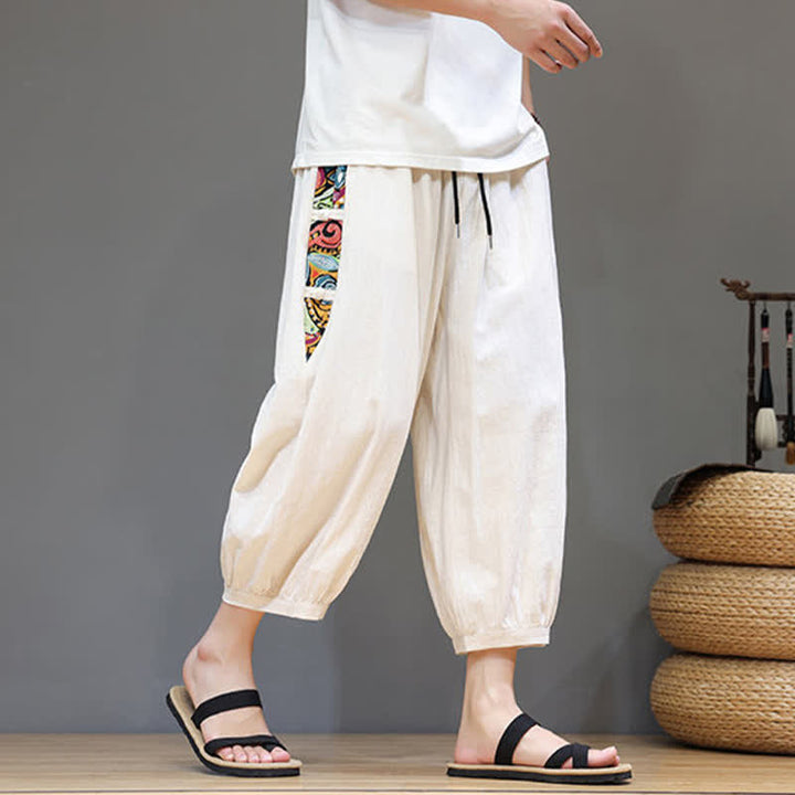 Buddha Stones Pantalones capri de hombre con cintura ajustable, diseño tribal veraniego, rayas laterales y cordón, con bolsillos. - image 3