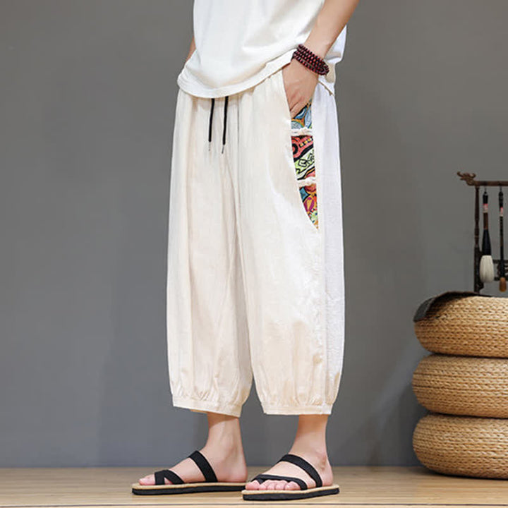 Buddha Stones Pantalones capri de hombre con cintura ajustable, diseño tribal veraniego, rayas laterales y cordón, con bolsillos. - image 4