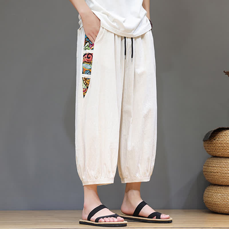 Buddha Stones Pantalones capri de hombre con cintura ajustable, diseño tribal veraniego, rayas laterales y cordón, con bolsillos. - image 2