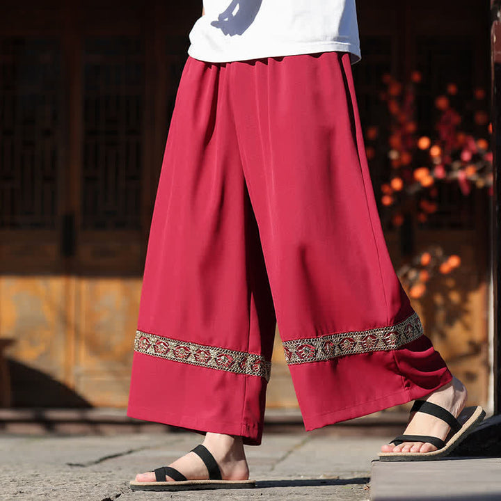 Buddha Stones Pantalones de hombre de algodón con dobladillo bordado, cintura elástica, pernera ancha y bolsillos, ideales para el verano. - image 6
